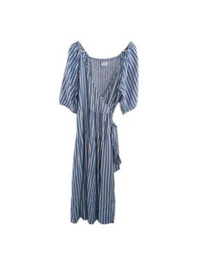 Old Navy Coastal Striped Wrap Midi Dress Puff Sleeve Cottagecore Blue White XL